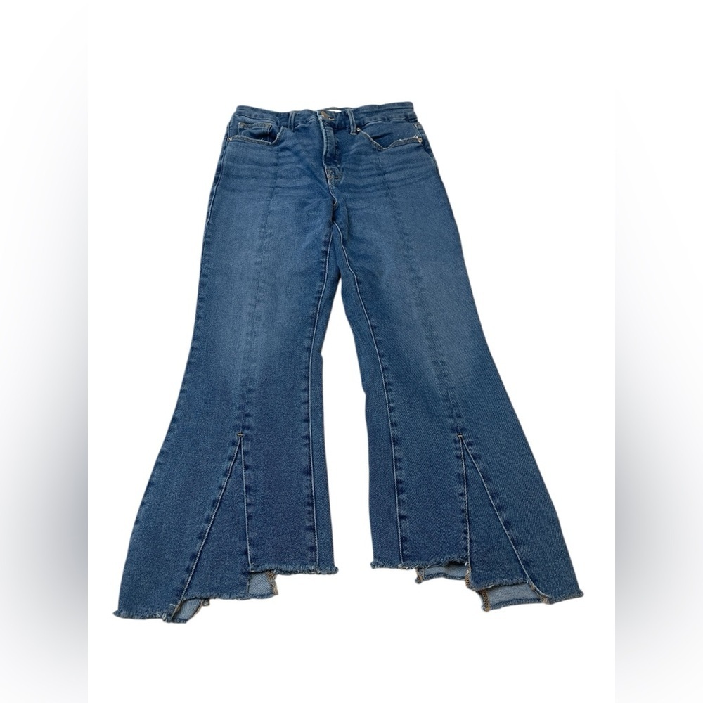 Good American Blue Raw Hem Split Flare Jeans